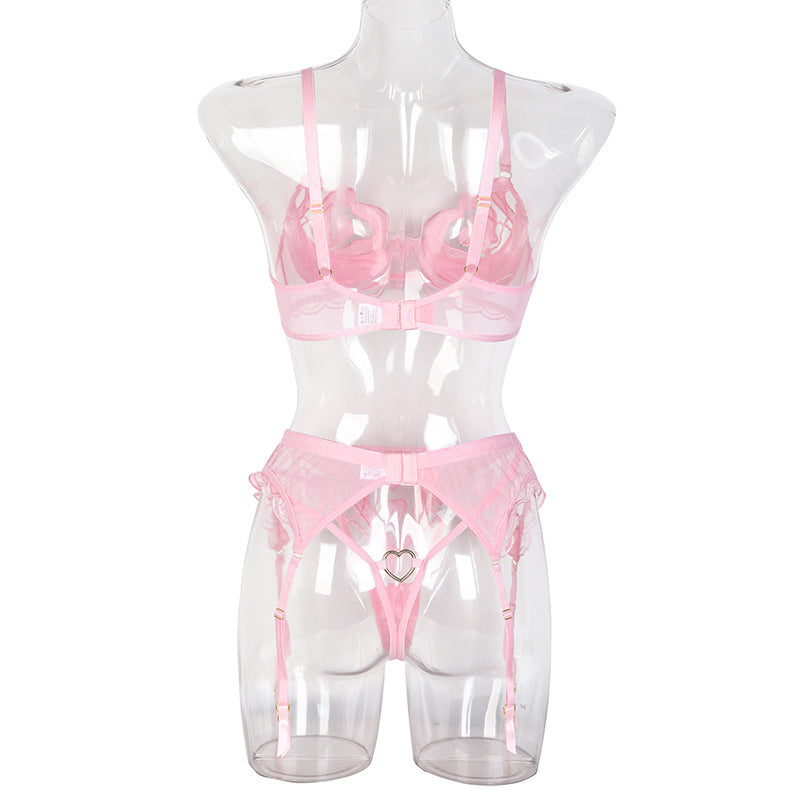 Pink Enchanting Mesh Love Bra & Panty Set with Garter Back View