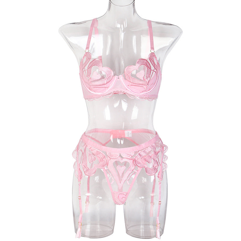 Pink Enchanting Mesh Love Bra & Panty Set with Garter Front View