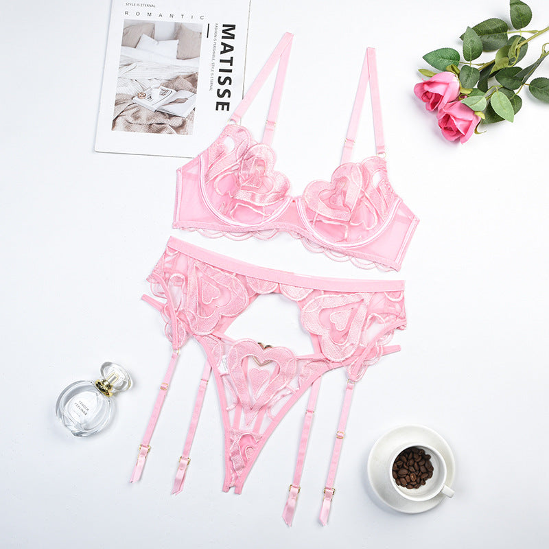 Pink Enchanting Mesh Love Bra & Panty Set with Garter Over View