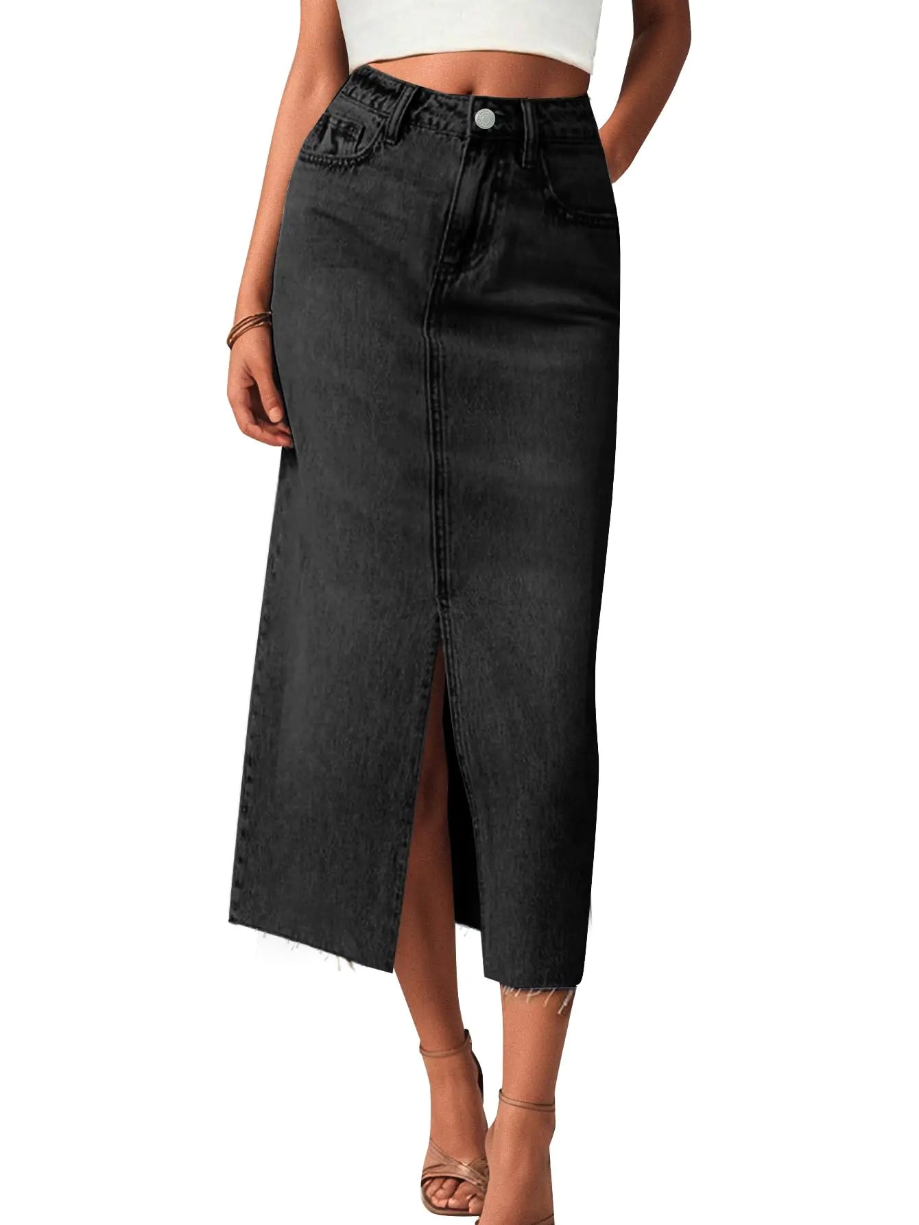 AiMgFUN Jeansrock für Damen, Jeansrock mit Taschen, mittelhohe Taille, langer Schlitzrock (XL, Schwarz)