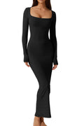QINSEN Vestidos largos para mujer Vestido maxi ajustado sexy de manga larga con cuello cuadrado Negro M
