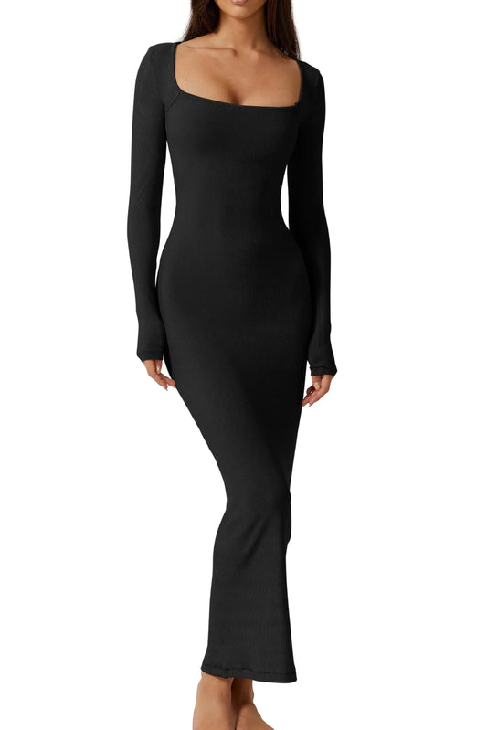 QINSEN Long Dresses for Women Sexy Square Neck Long Sleeve Bodycon Maxi Dress Black M