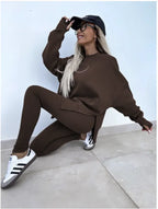 Women's Casual Sweater Set with Split Top and Tight Trousers