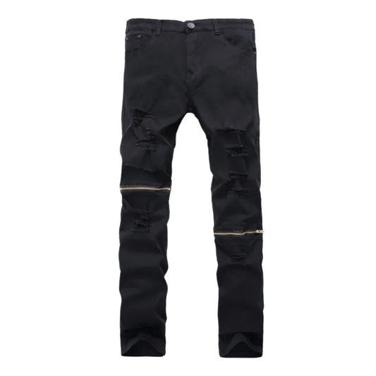 Zippered Holes Elastic Trend Denim Pants