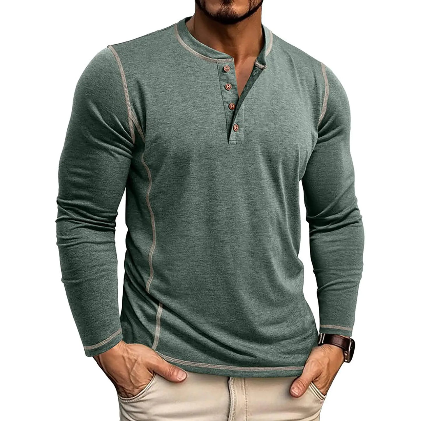 Mens Casual Henley Shirts Long Sleeve Basic Button T-Shirt Collarless Lightweight Pullover Tops Raglan Sleeve Green