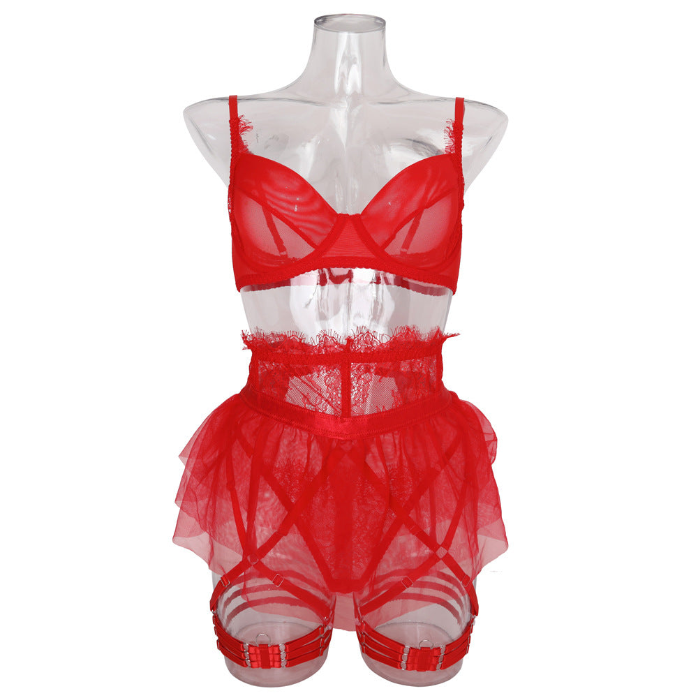 Red Delicate Shadow Sheer Bra and Panty Set Front View