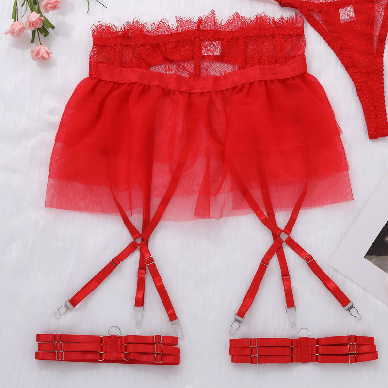 Red Delicate Shadow Sheer Bra and Panty Set Garter Details