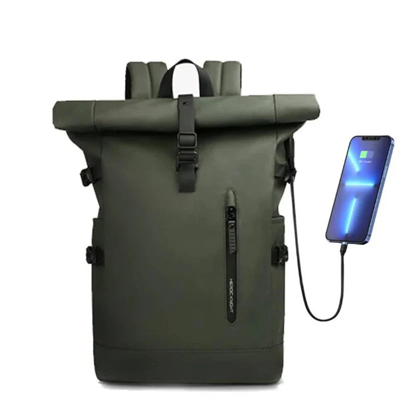 Expandable Waterproof Backpack Roll-Up Design with USB Charging Port Green