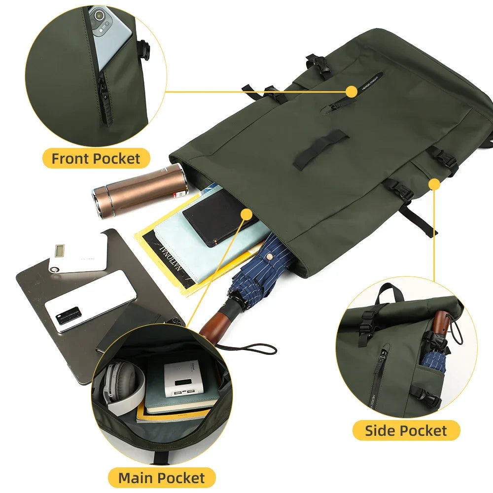 Expandable Waterproof Backpack Roll-Up Design with USB Charging Port Green