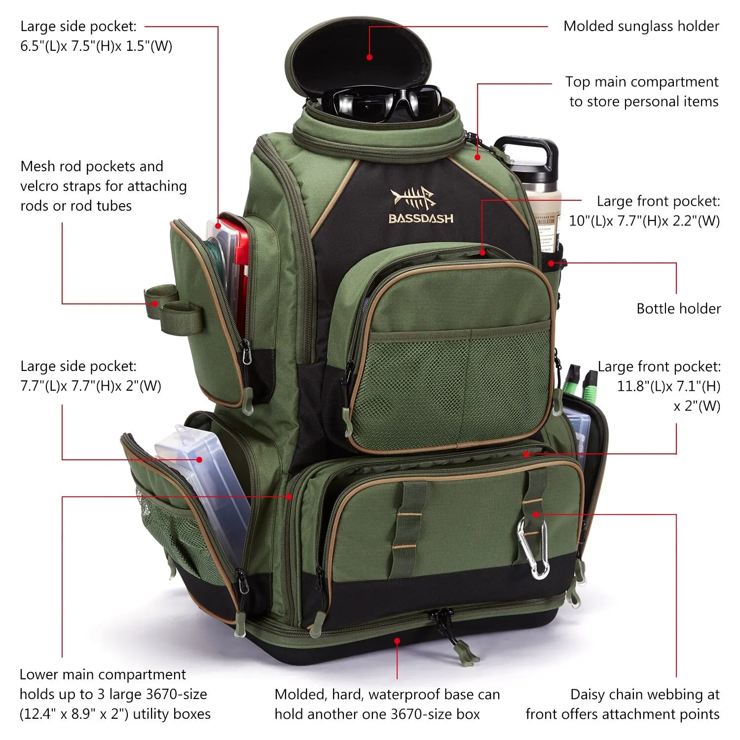 NNEOBATackle Backpack with Rain Cover Rod Holders Army Green