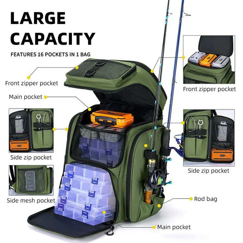 Tackle Backpack with Rod Holders Camping Green