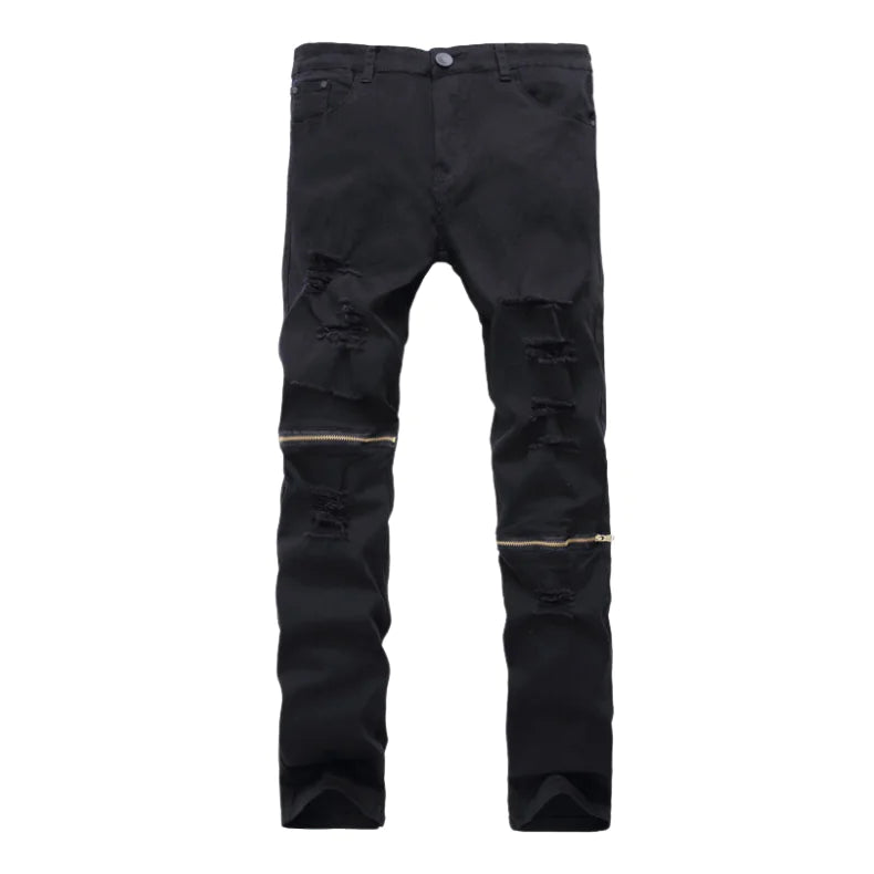 Zippered Holes Elastic Trend Denim Pants