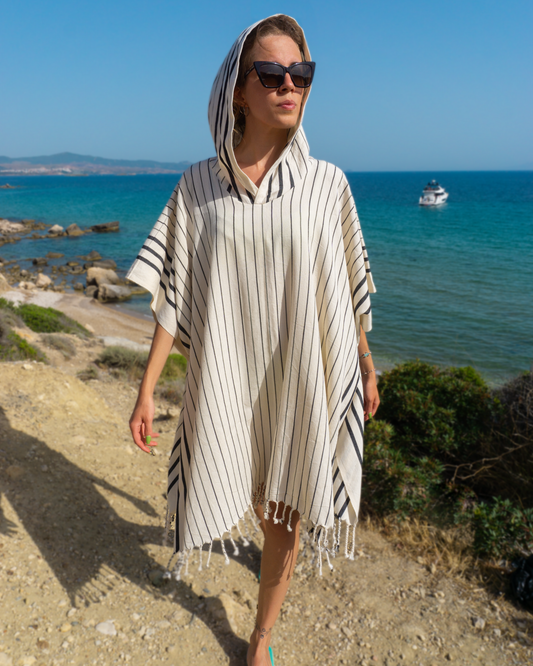 Women Hooded Beach Pool Spa Sauna Poncho, Changing Towel - Stripe Black, with Recycled Gift Box