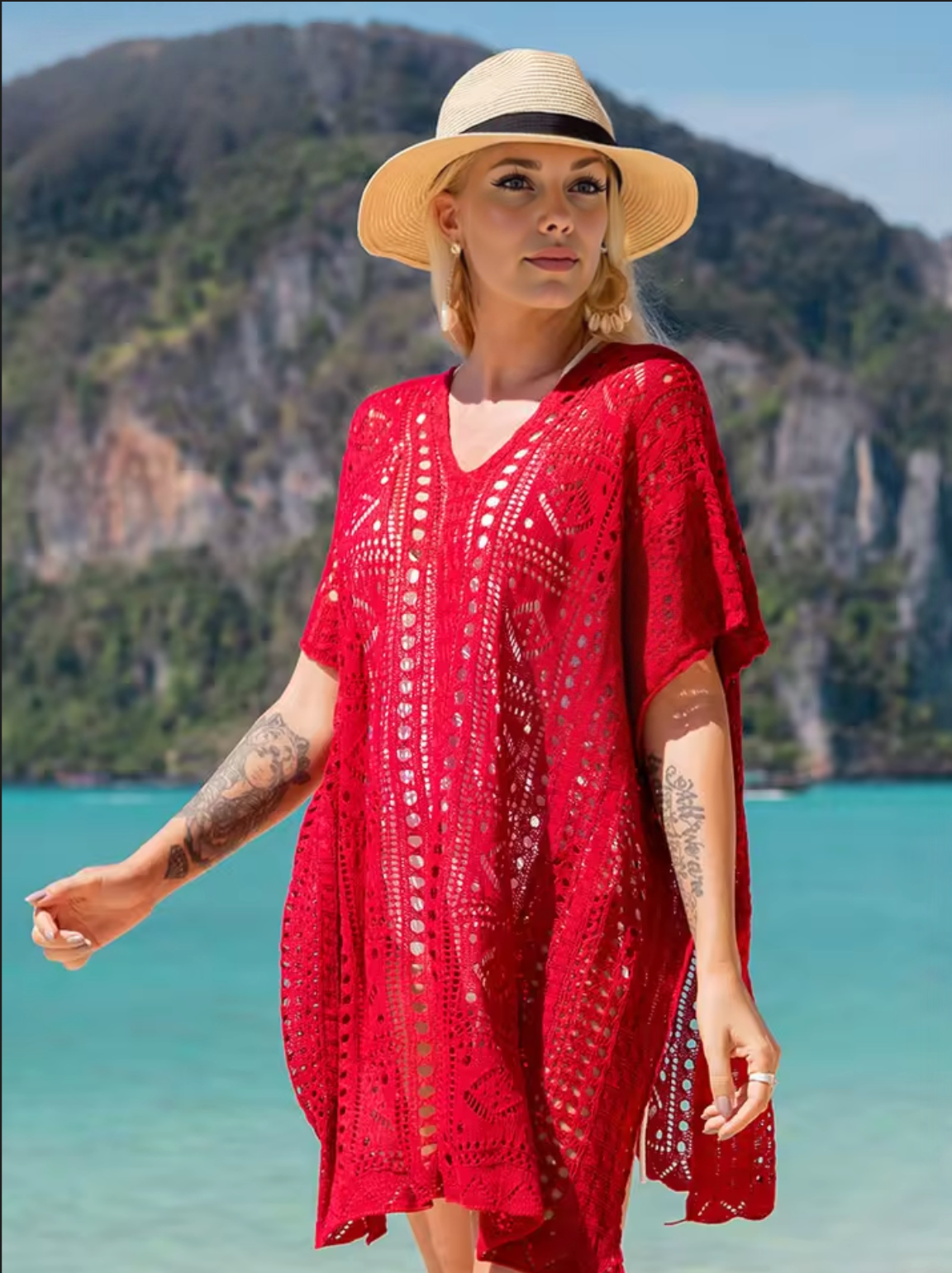 Red Crochet Beach Cover-Up | Casual Summer Bikini Swimsuit Wrap