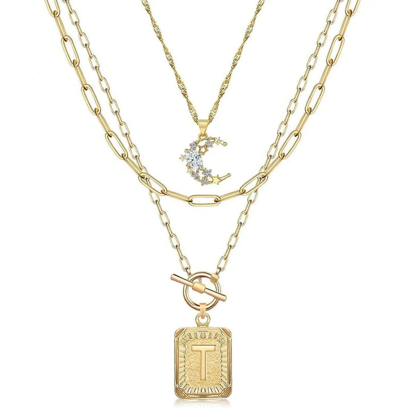 MJartoria Layered Initial Necklaces for Women Trendy 14K Gold Plated Simple Moon Choker Square Letter Pendant Necklace Paperclip Chain Necklace Gold Necklaces Jewelry Gifts (Gold T)