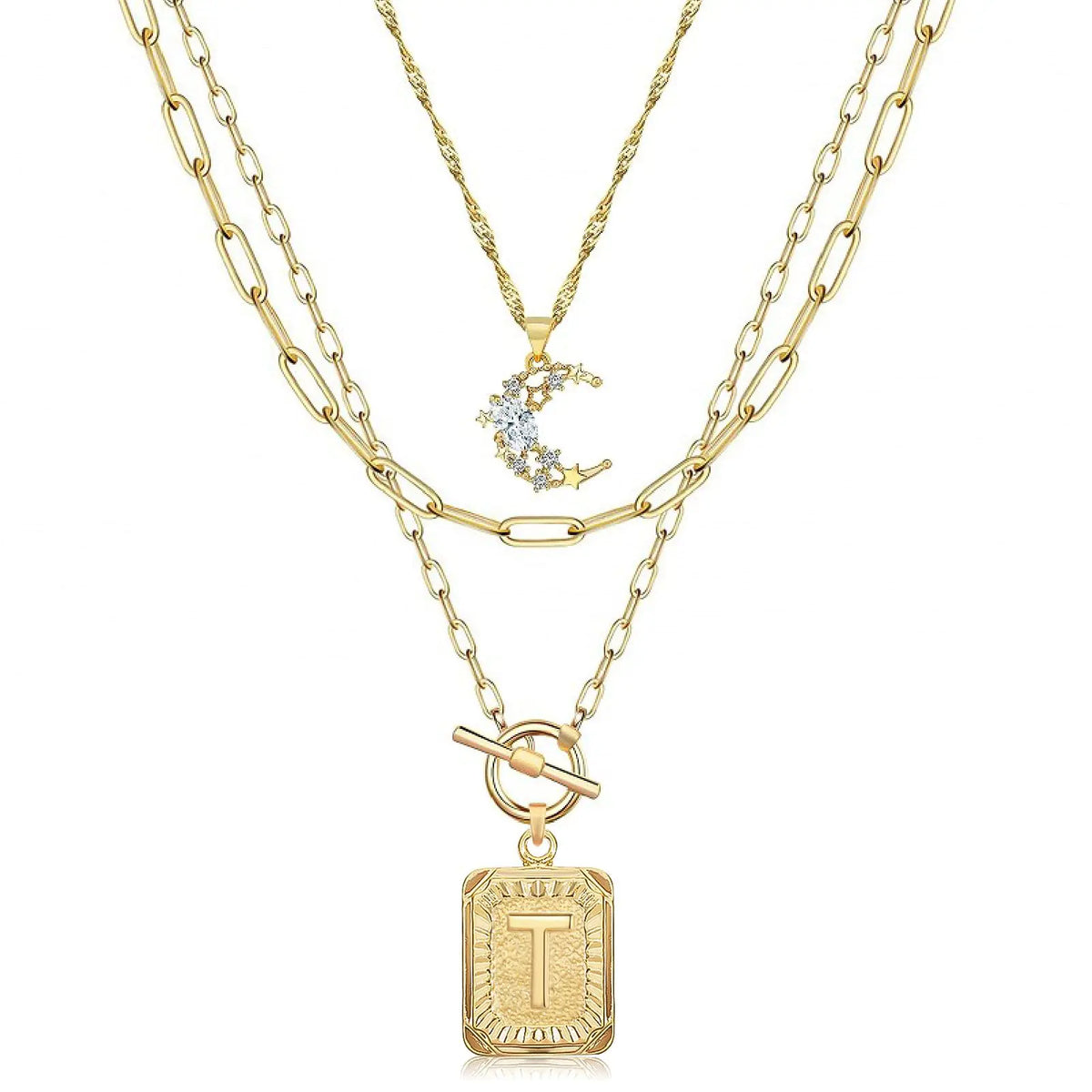 MJartoria Layered Initial Necklaces for Women Trendy 14K Gold Plated Simple Moon Choker Square Letter Pendant Necklace Paperclip Chain Necklace Gold Necklaces Jewelry Gifts (Gold T)