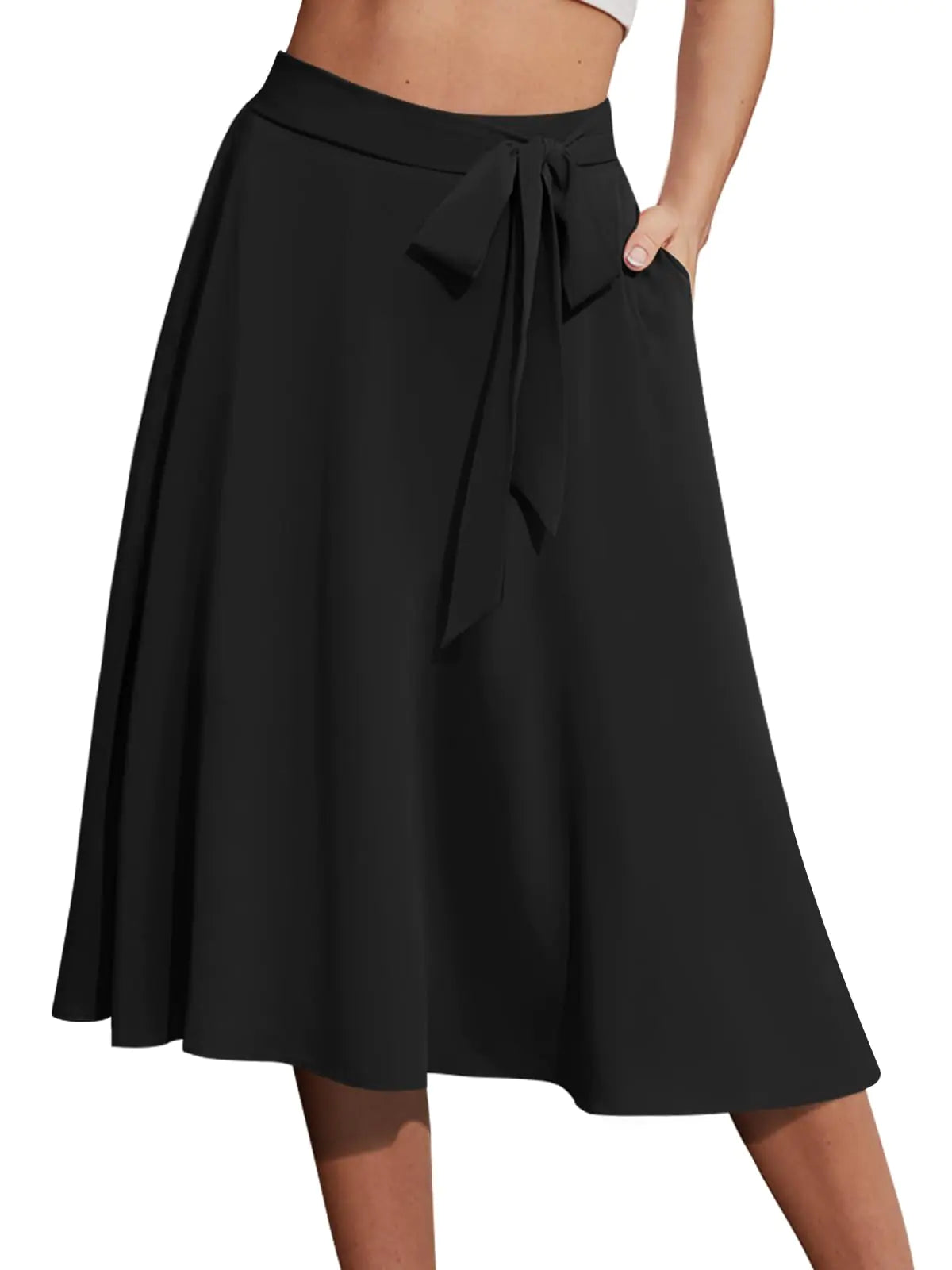 Yincro Womens A-Line Midi Skirt with Pockets High Waist Flared Below The Knee Skirts (Black 2XL)