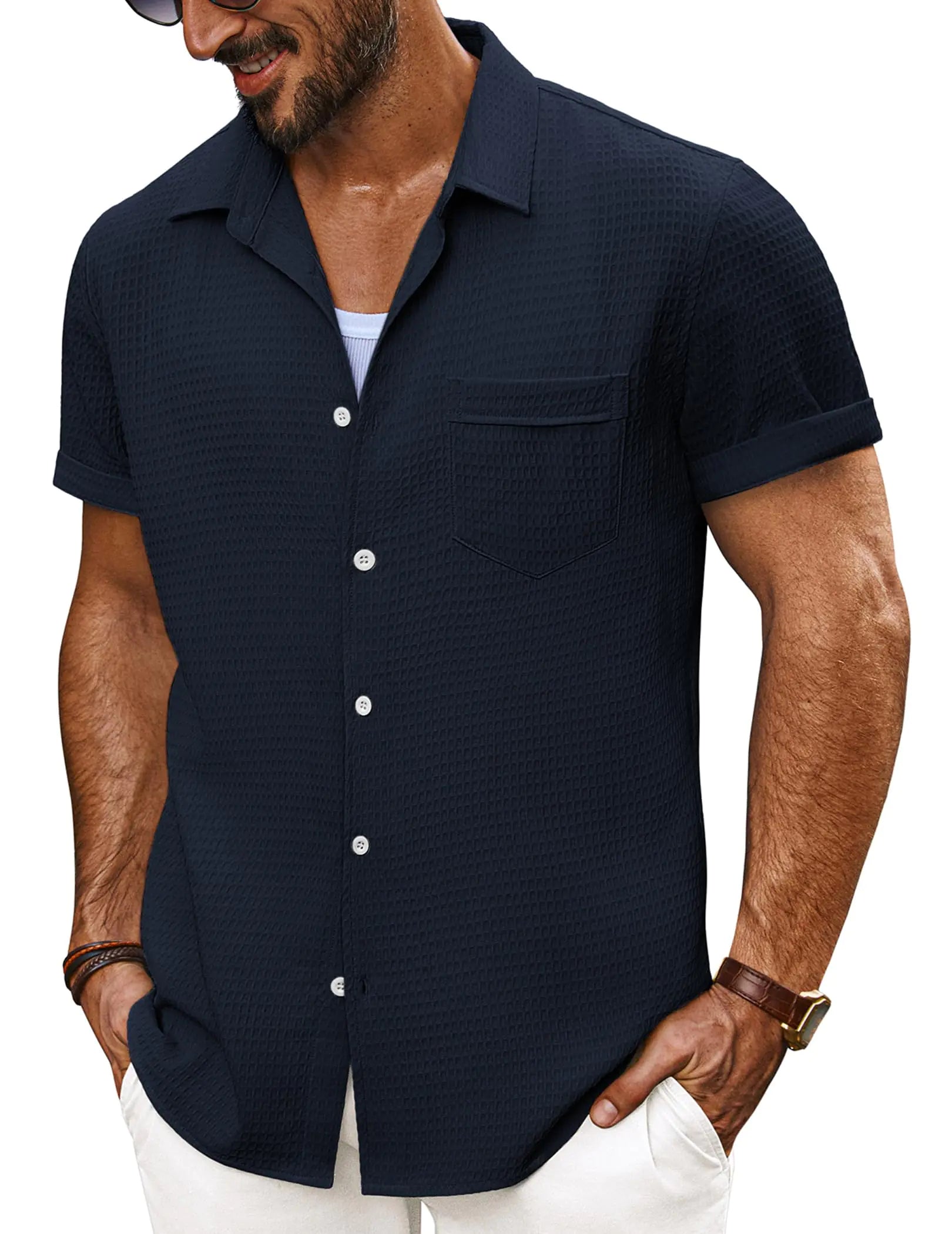 Camisas de verano para hombre, camisas casuales y elegantes con botones, camisa de manga corta azul marino