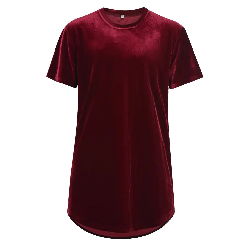 VFIVE UNFOUR Mens Velvet Velour Fashion Hip Hop Long Line Hem T Shirts Wine Red 2XL