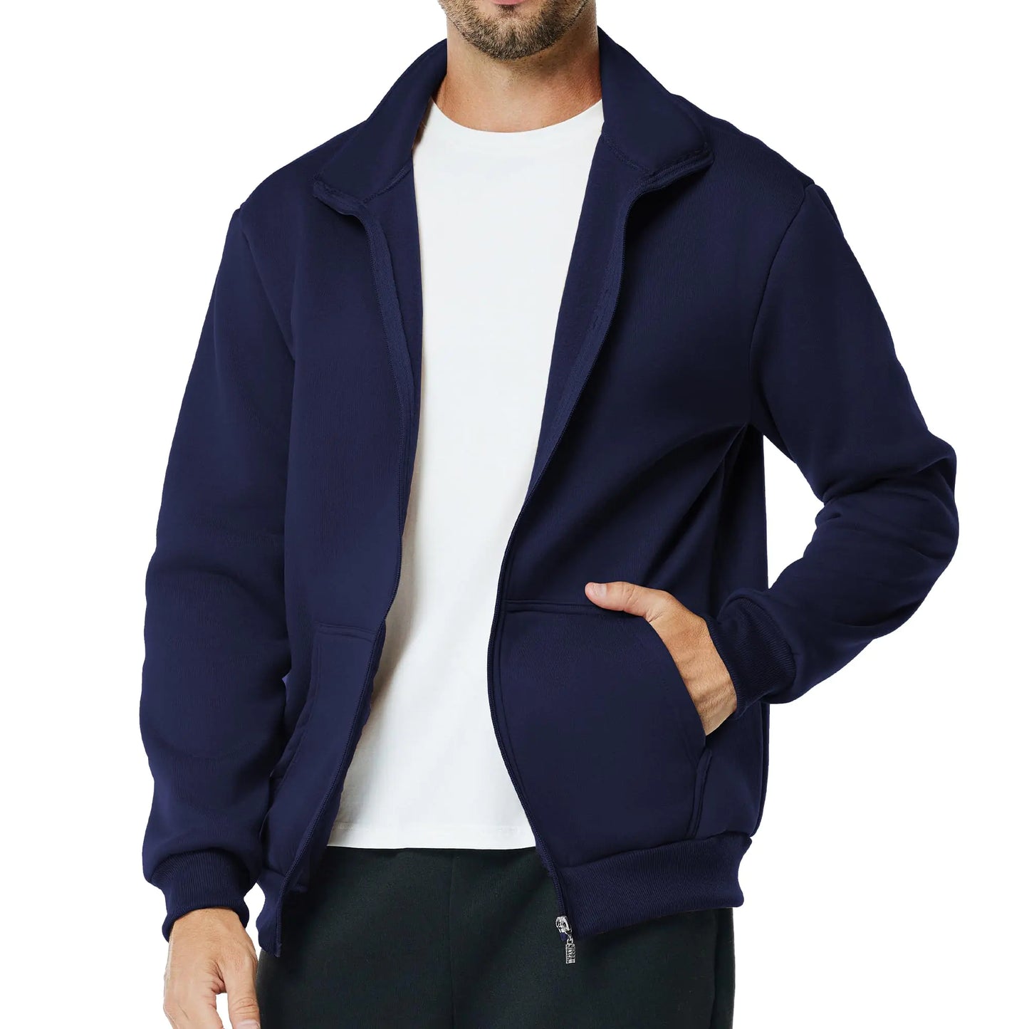 Mens Fleece Full Zip Up Sweatshirt Casual Lightweight Long Sleeve Mock Neck with Pocket (Navy Blue)