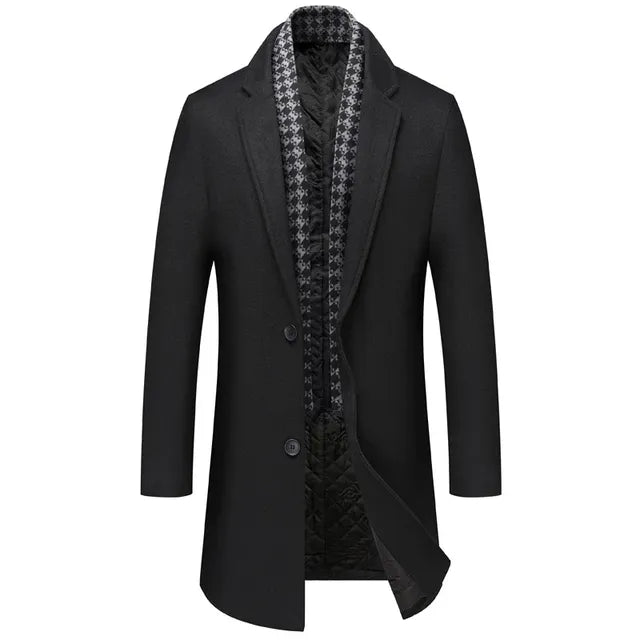 Men's Mid-Length Wool Blend Trench Coat with Scarf