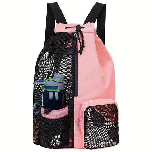 NNEDSZ Pink Mesh Drawstring Swim Backpack with Wet Bag - Durable Beach Gym Bag for Wet Gear