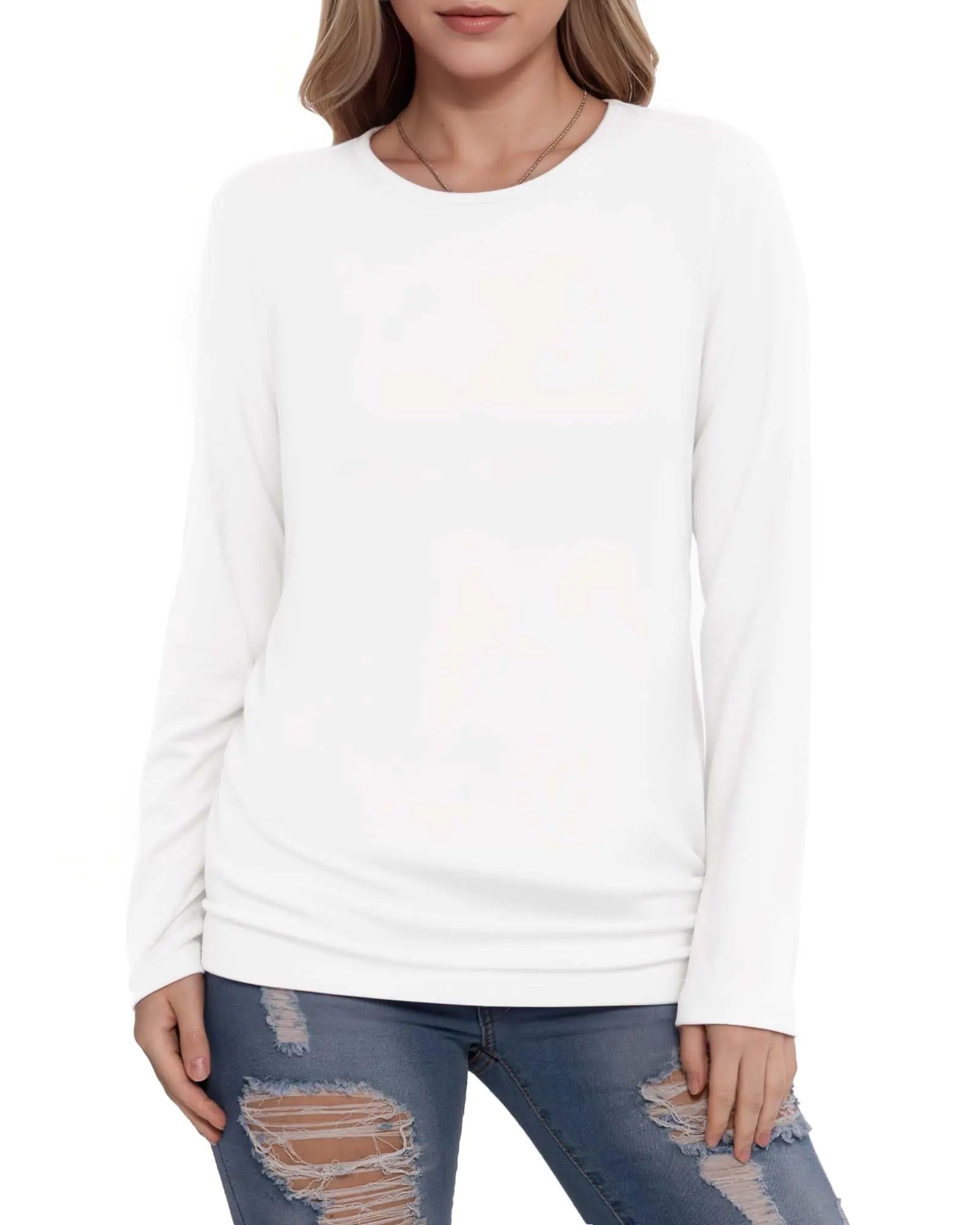 MANGOPOP Langarmshirts für Damen, Rundhalsausschnitt, T-Shirts, Tops, lässiges Basic-T-Shirt (weiß, XXL)