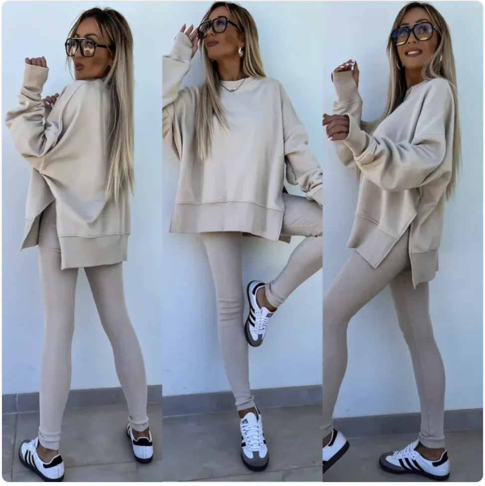 Women's Casual Sweater Set with Split Top and Tight Trousers