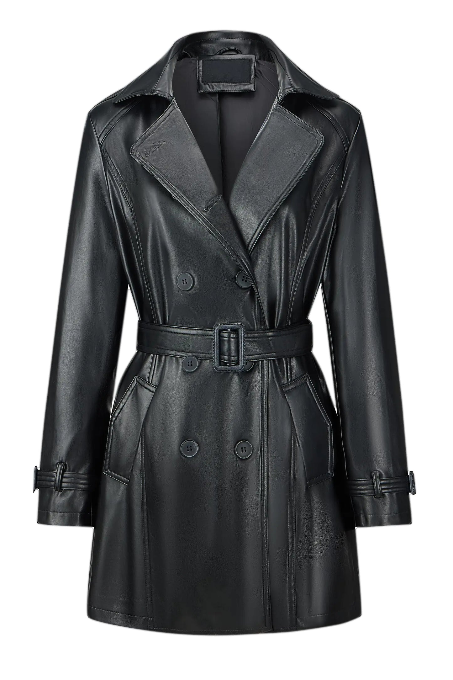 Bellivera Women Faux Leather Coat Double-breasted Jacket Classic Trench Overcoat KP81 Black L