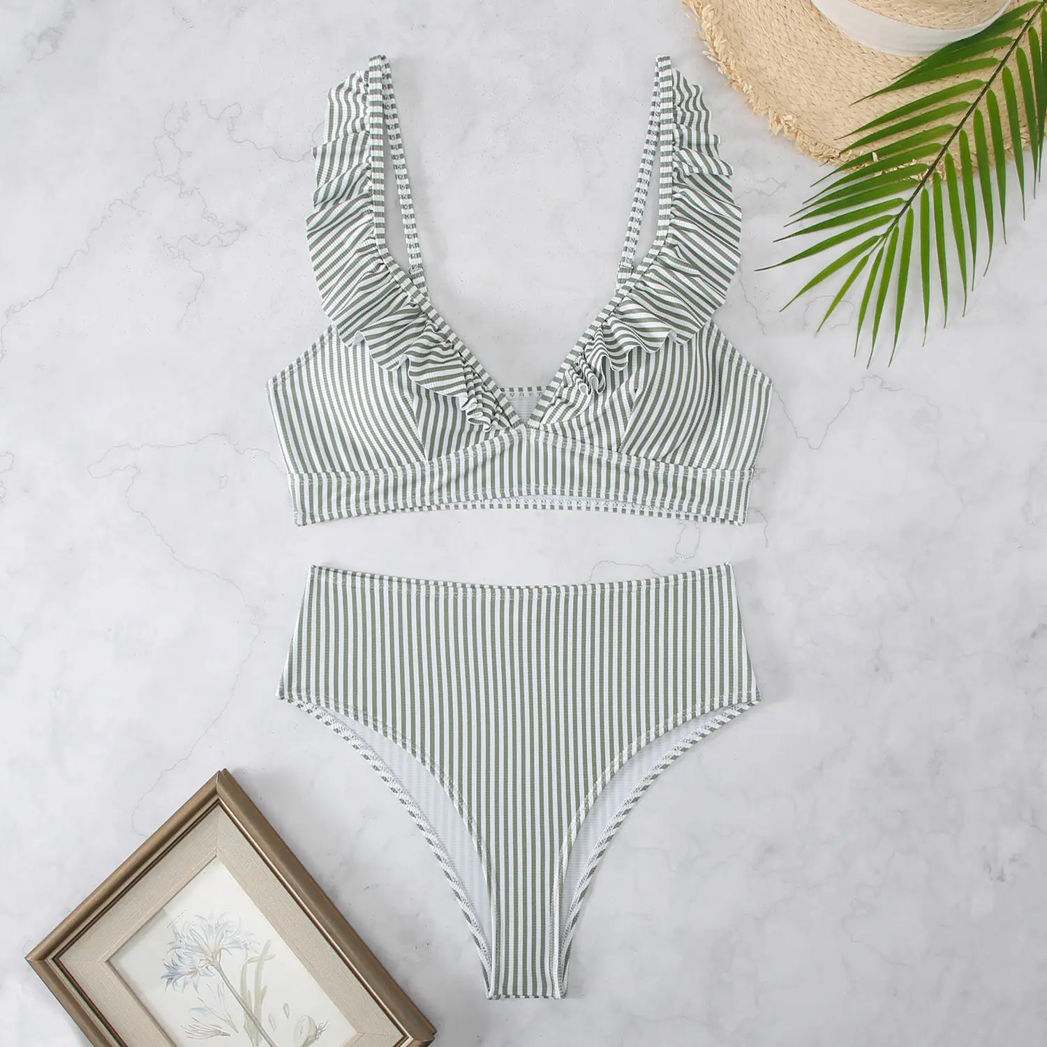 High-Waisted Women's Striped Bikini with Ruffle Straps
