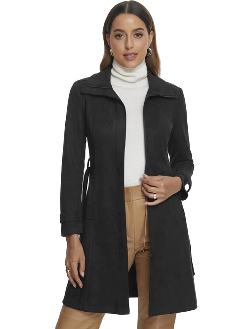 Allegra K Damen-Wildledermantel mit Gürtel, langer Reißverschluss, Größe XL, Schwarz