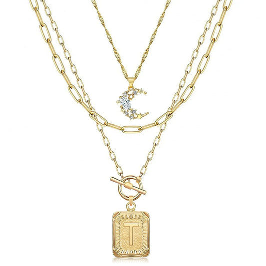 MJartoria Layered Initial Necklaces for Women Trendy 14K Gold Plated Simple Moon Choker Square Letter Pendant Necklace Paperclip Chain Necklace Gold Necklaces Jewelry Gifts (Gold T)