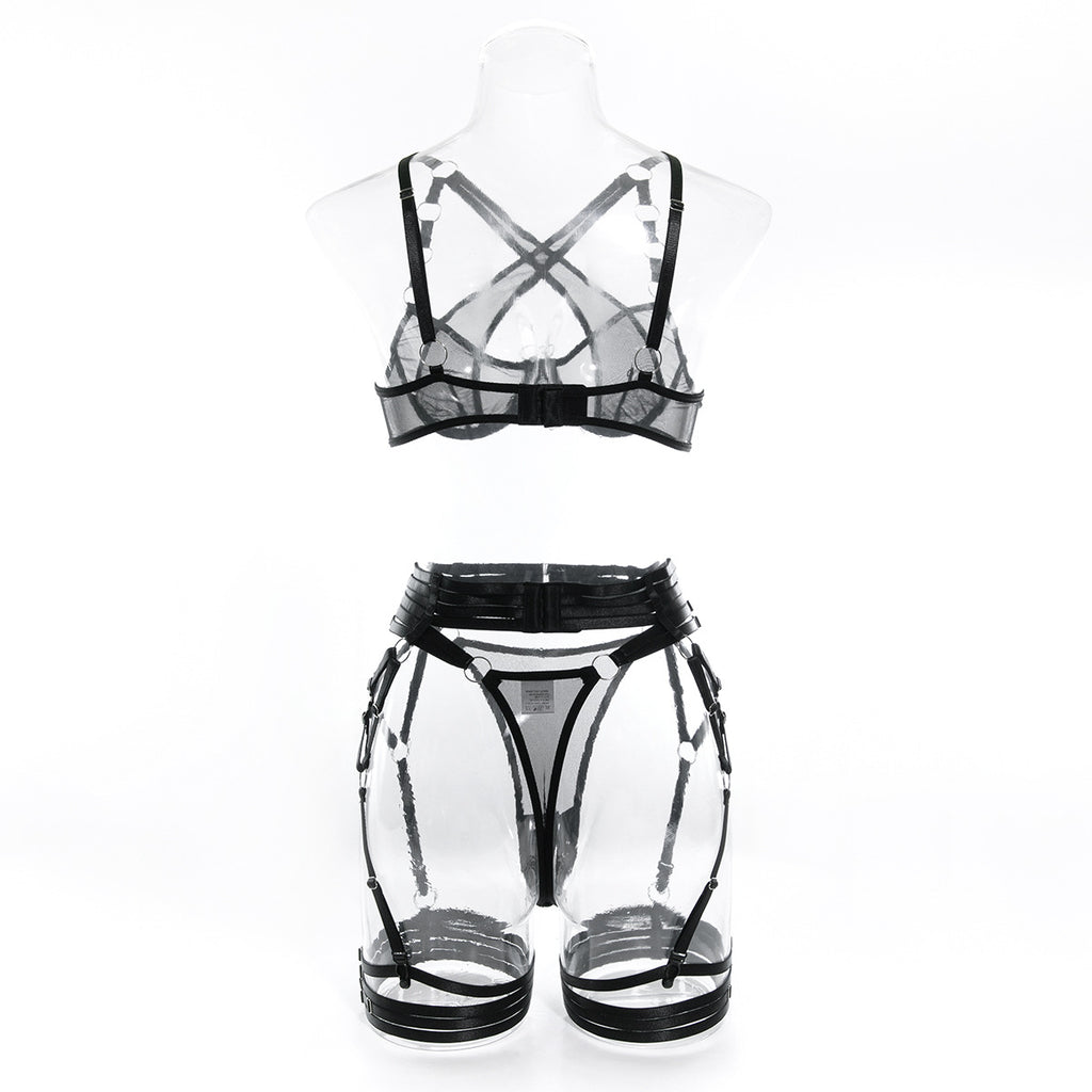 Wholesale Black Modern Bra and Panties Set with Garter Back View