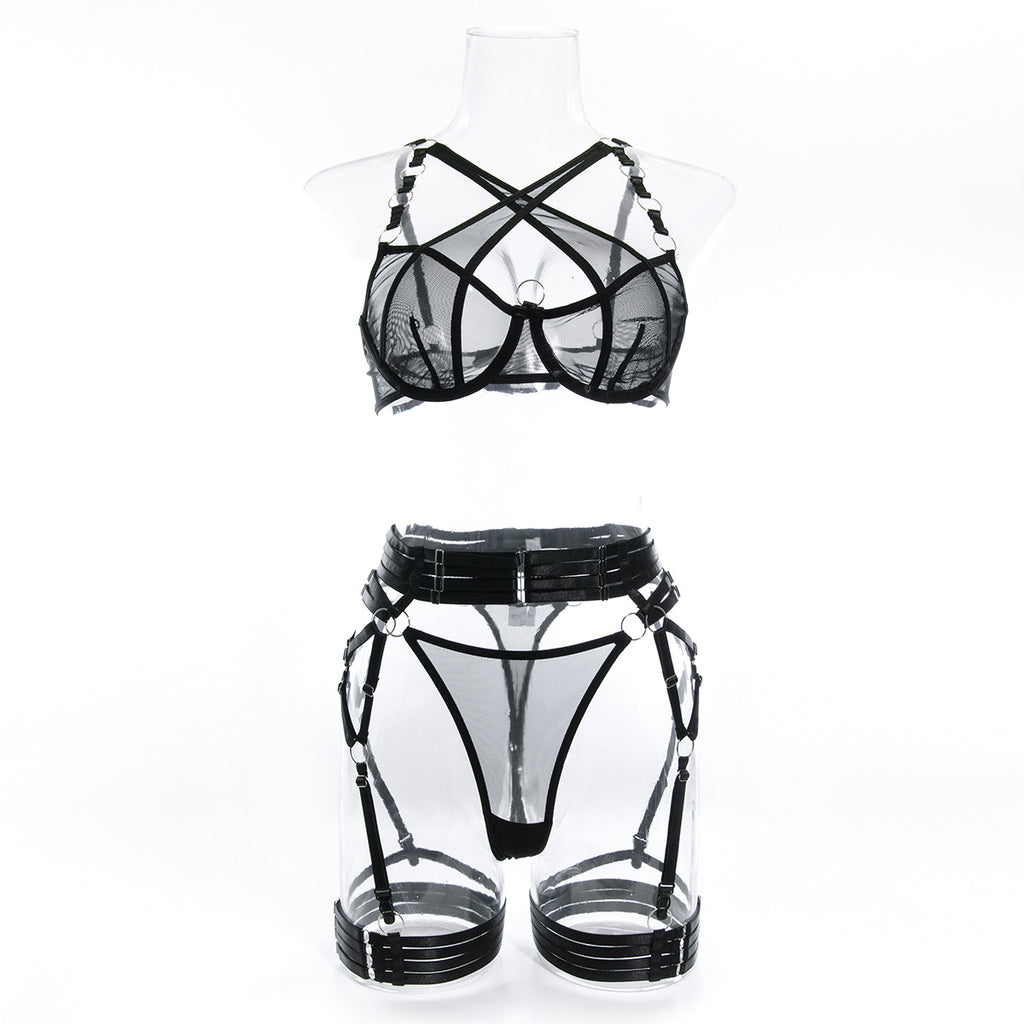 Wholesale Black Modern Bra and Panties Set with Garter Front View