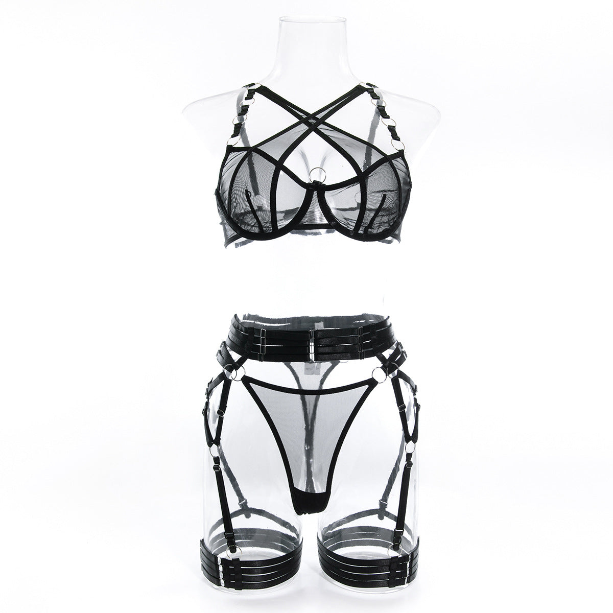 Wholesale Black Modern Bra and Panties Set with Garter Front View