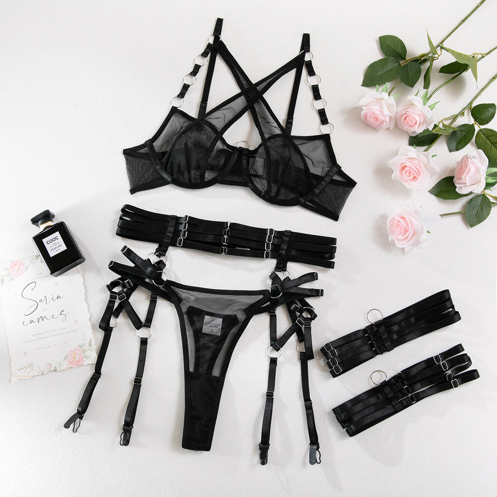 Wholesale Black Modern Bra and Panties Set with Garter Over View