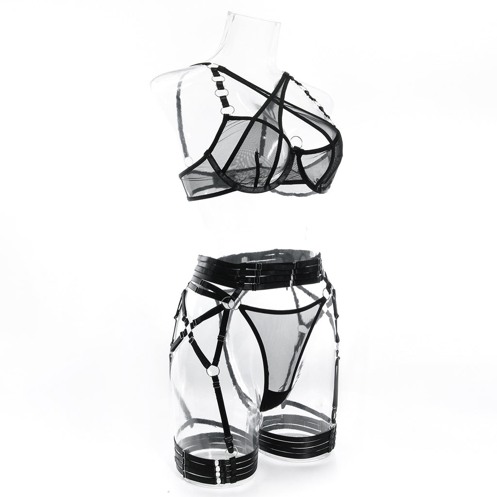 Wholesale Black Modern Bra and Panties Set with Garter Side View