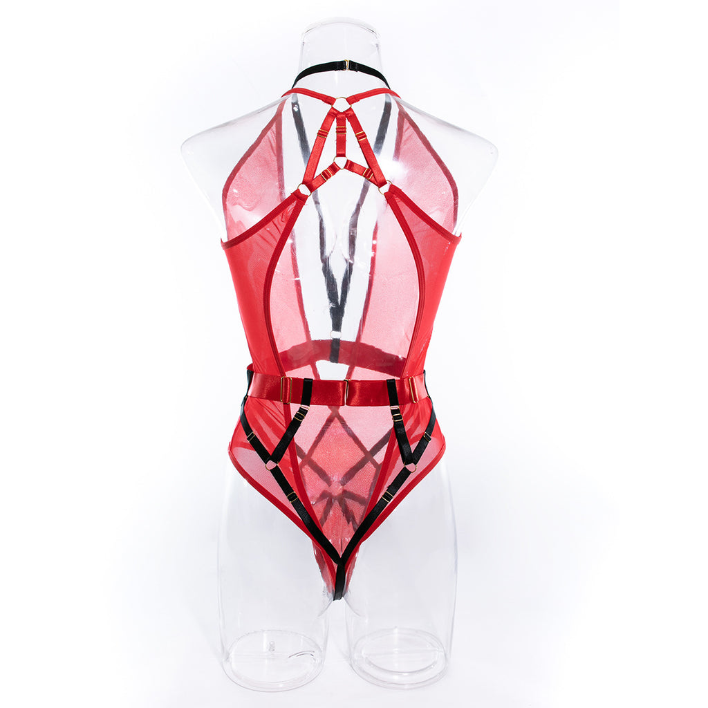 Wholesale Deep V Neck Bodysuit with Scoop Back in Red Mesh Back View