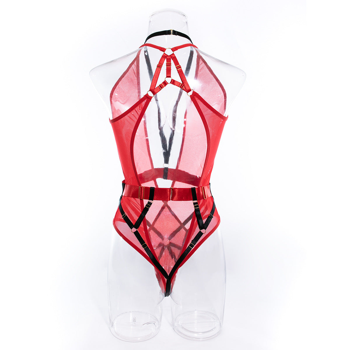 Wholesale Deep V Neck Bodysuit with Scoop Back in Red Mesh Back View