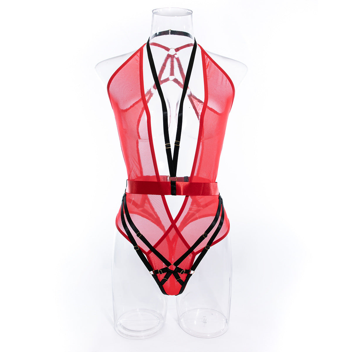 Wholesale Deep V Neck Bodysuit with Scoop Back in Red Mesh Front View