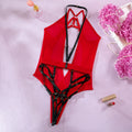 Wholesale Deep V Neck Bodysuit with Scoop Back in Red Mesh Over View