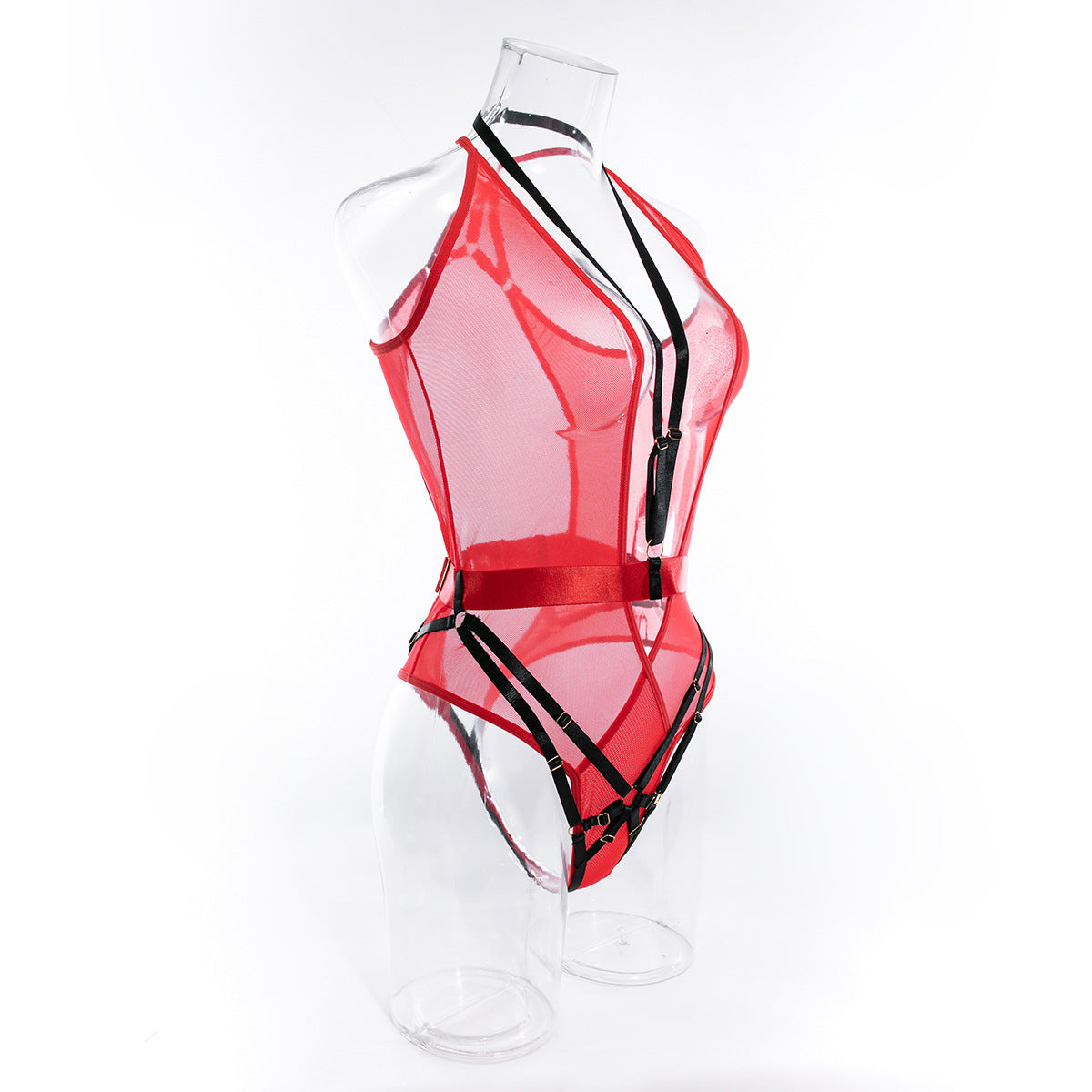 Wholesale Deep V Neck Bodysuit with Scoop Back in Red Mesh Side View