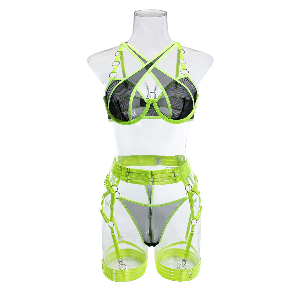 Wholesale Lime Modern Bra and Panties Set with Garter Front View