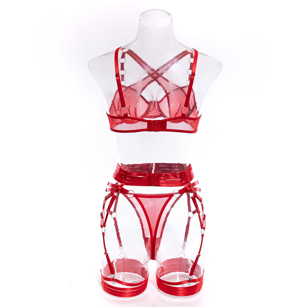 Wholesale Red Modern Bra and Panties Set with Garter Back Display