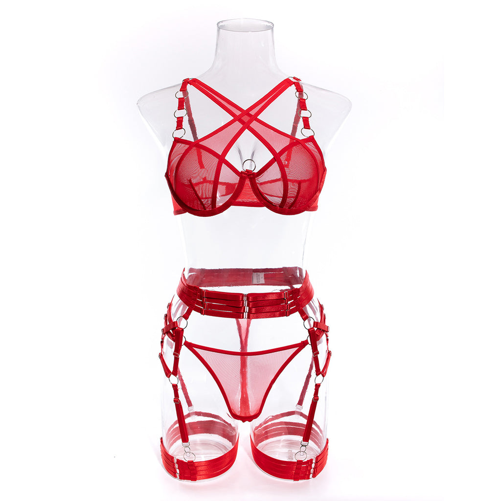 Wholesale Red Modern Bra and Panties Set with Garter Front Display