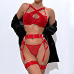 Wholesale Red Modern Bra and Panties Set with Garter Front View