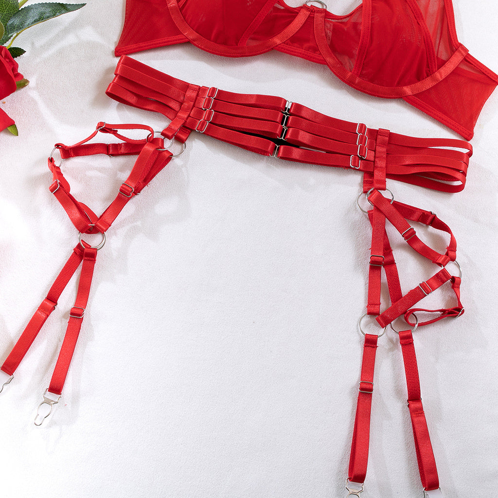 Wholesale Red Modern Bra and Panties Set with Garter Waist Details