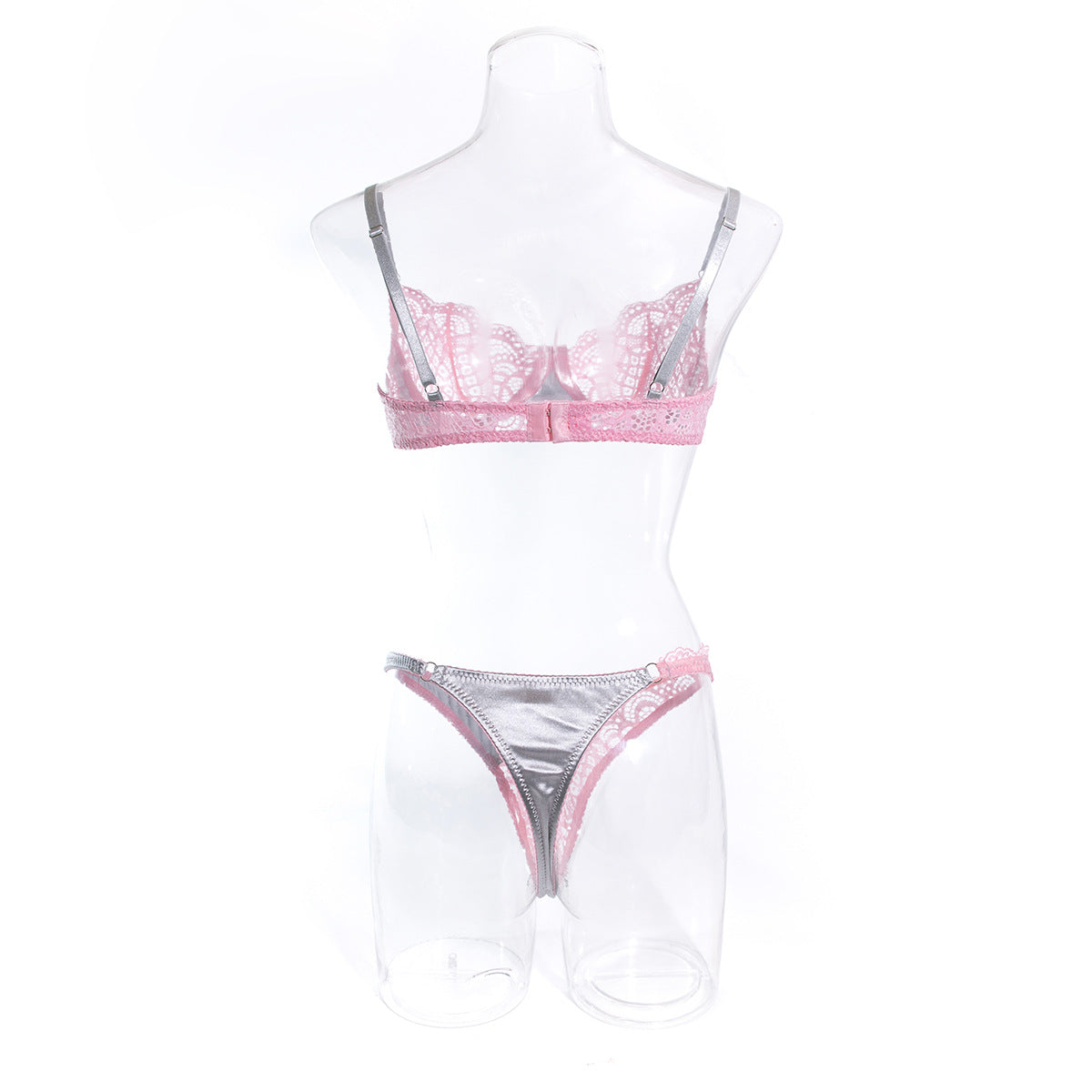 Wholesale Sexy Lace Lingerie Set in Silver Gray and Pink Contrast Back View