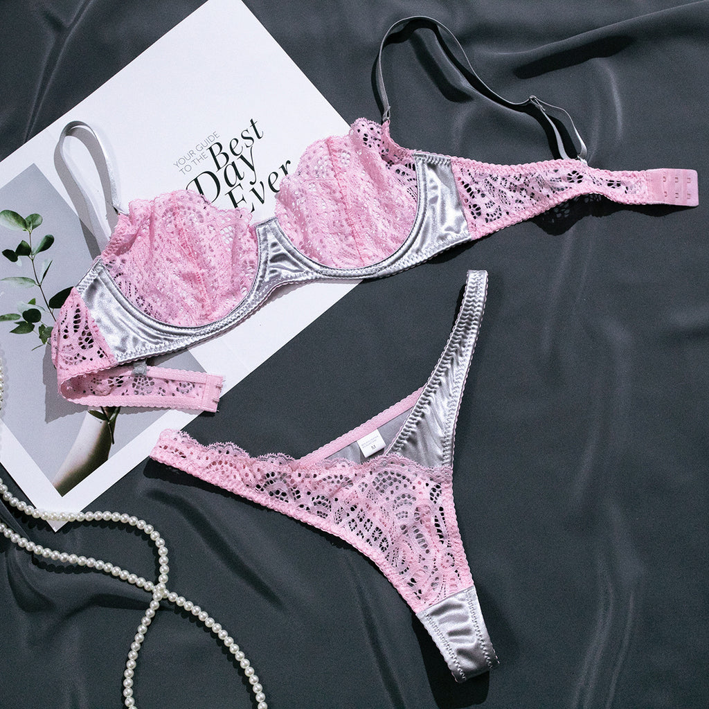 Wholesale Sexy Lace Lingerie Set in Silver Gray and Pink Contrast Over View