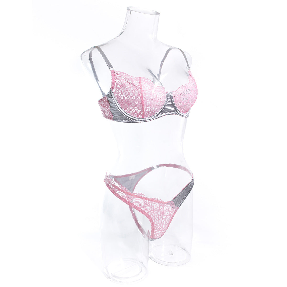 Wholesale Sexy Lace Lingerie Set in Silver Gray and Pink Contrast Side View